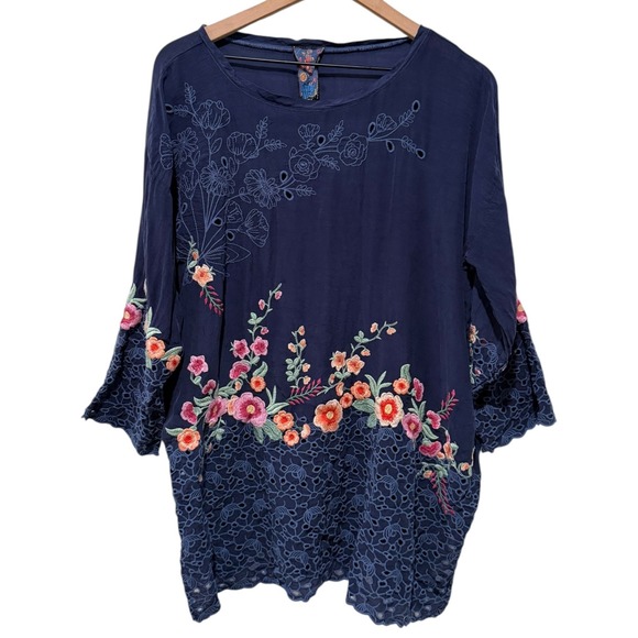 Johnny Was Tops - Johnny Was Embroidered Boho Tunic Top Blue Multicolor Floral Sz L Eyelet Cupro